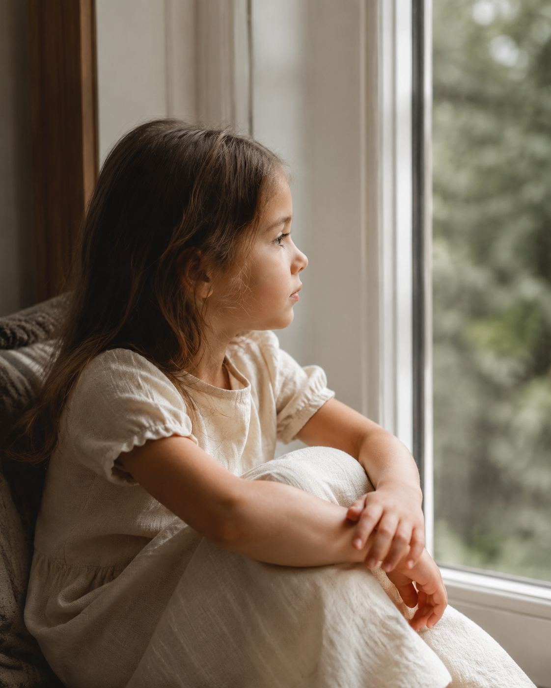 A young child sitting quietly beside a window